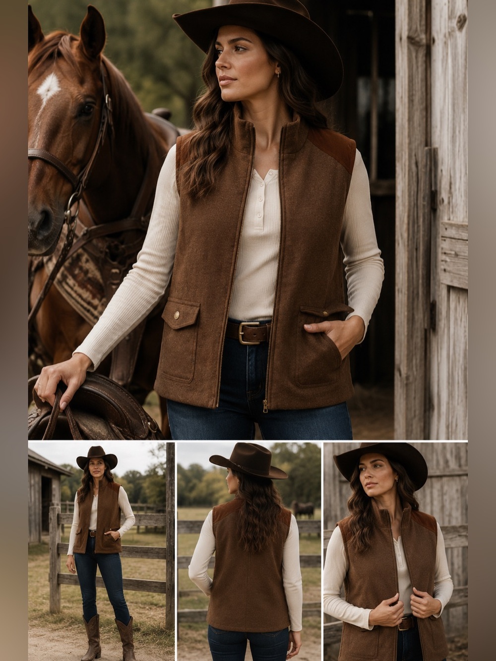 Lauren Ralph Lauren Two-Tone Equestrian Vest Size Large Brown Ranch Western
